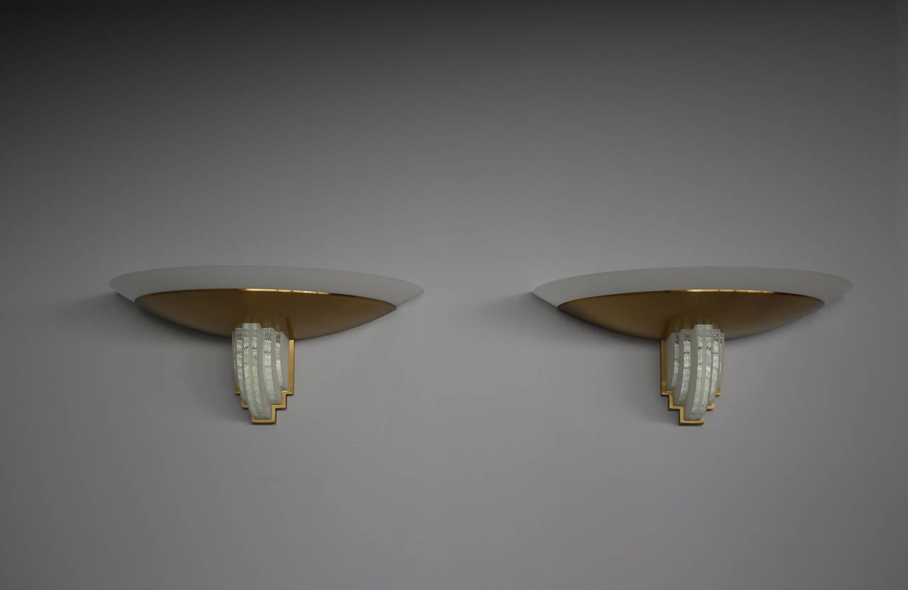 Pair of French Art Deco Brass and Glass Sconces by Jean Perzel 6