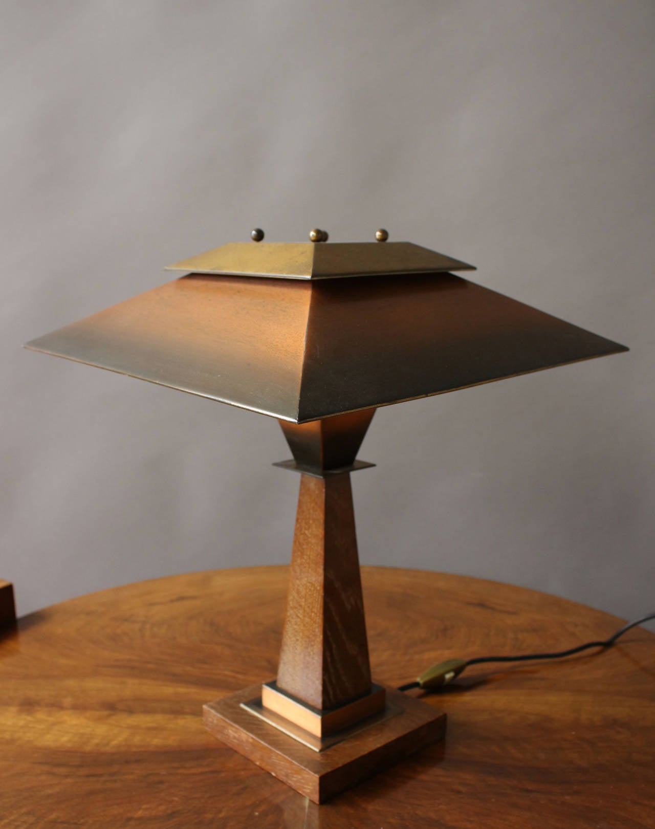 Patinated A Fine French Art Deco Oak and Copper Table Lamp by Emile Jacot