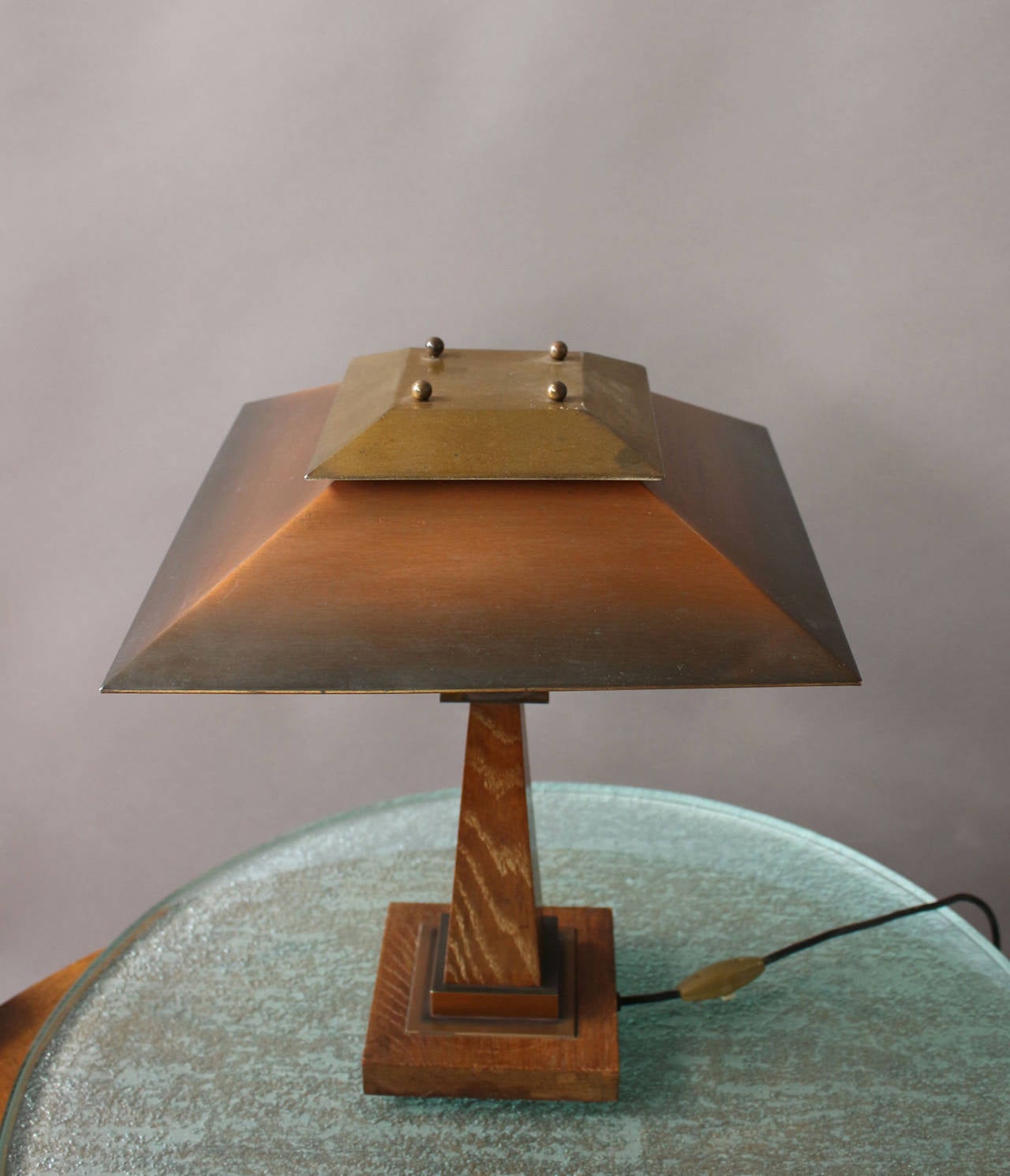 A Fine French Art Deco Oak and Copper Table Lamp by Emile Jacot In Good Condition In Long Island City, NY