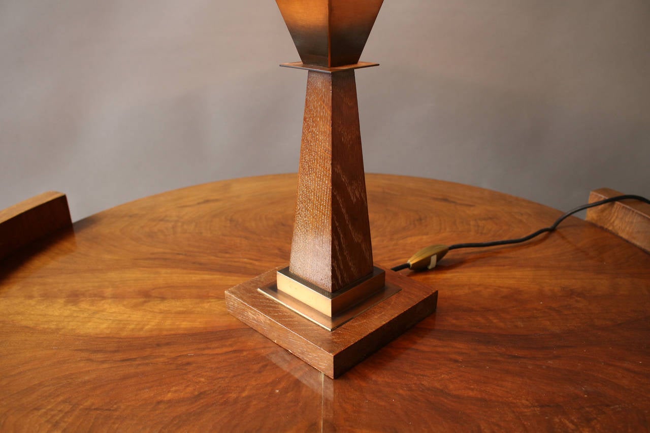 A Fine French Art Deco Oak and Copper Table Lamp by Emile Jacot 1