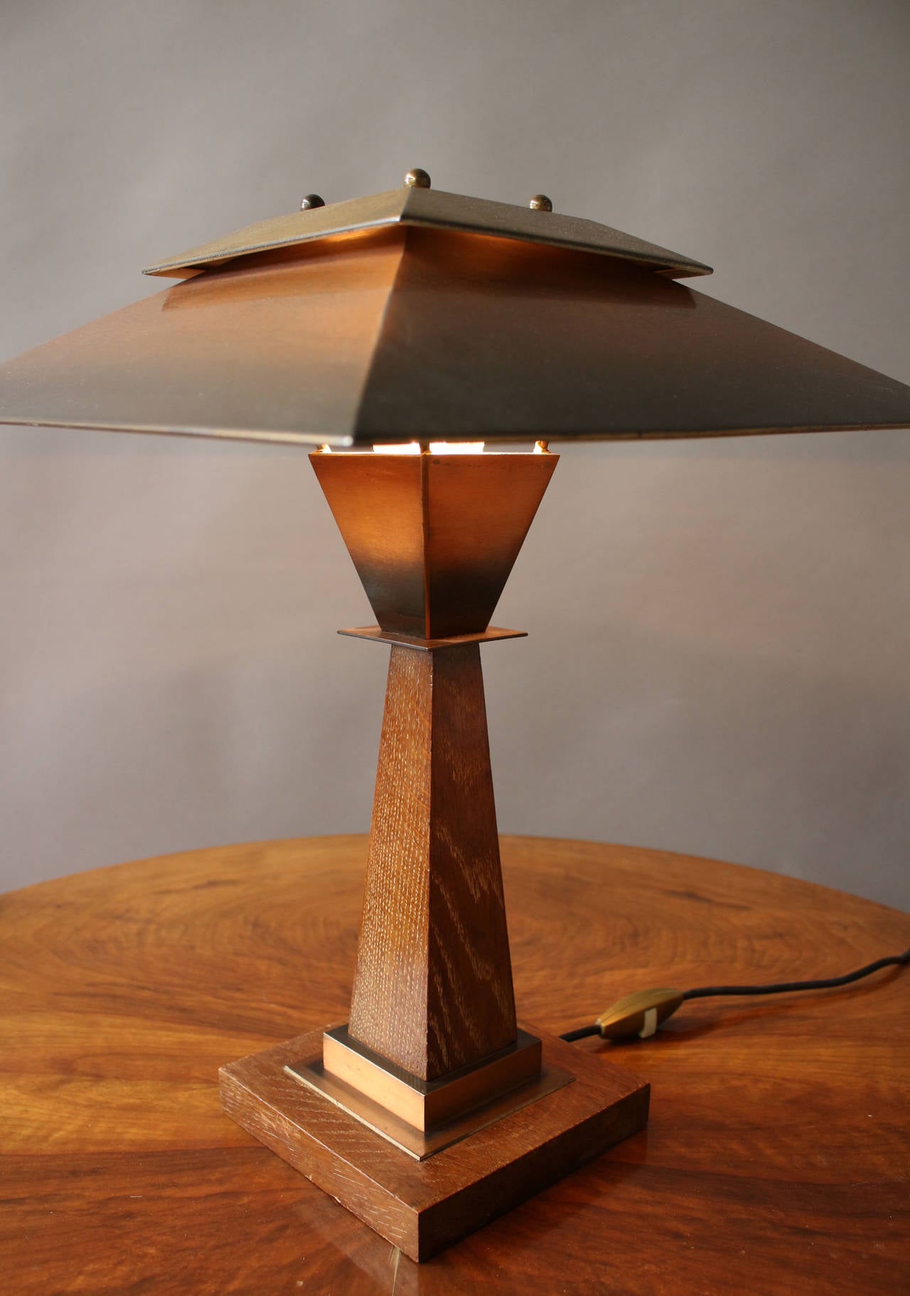 Mid-20th Century A Fine French Art Deco Oak and Copper Table Lamp by Emile Jacot
