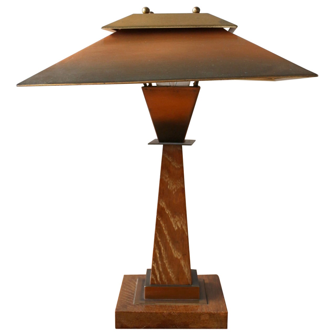 A Fine French Art Deco Oak and Copper Table Lamp by Emile Jacot