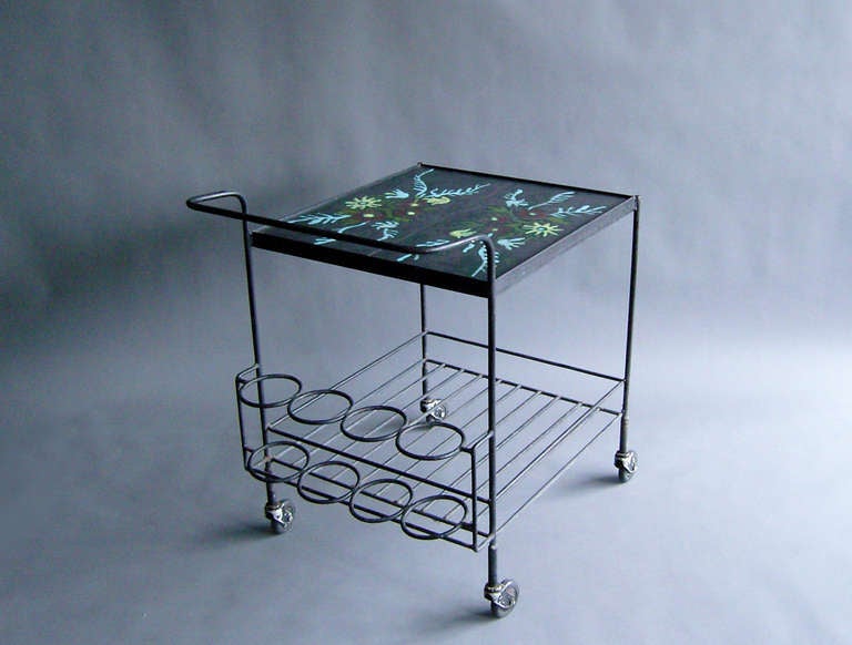 Mid-Century Modern A French 1950s Wrought Iron and Enameled Stone Rolling Cart For Sale