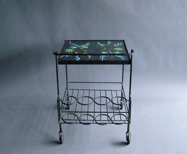 A French 1950s Wrought Iron and Enameled Stone Rolling Cart In Good Condition For Sale In Long Island City, NY