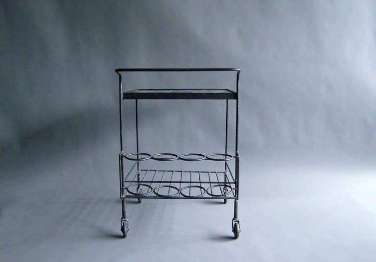 A French 1950s Wrought Iron and Enameled Stone Rolling Cart For Sale 1