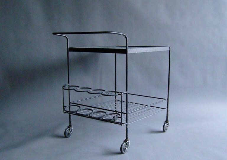 A French 1950s Wrought Iron and Enameled Stone Rolling Cart For Sale 2