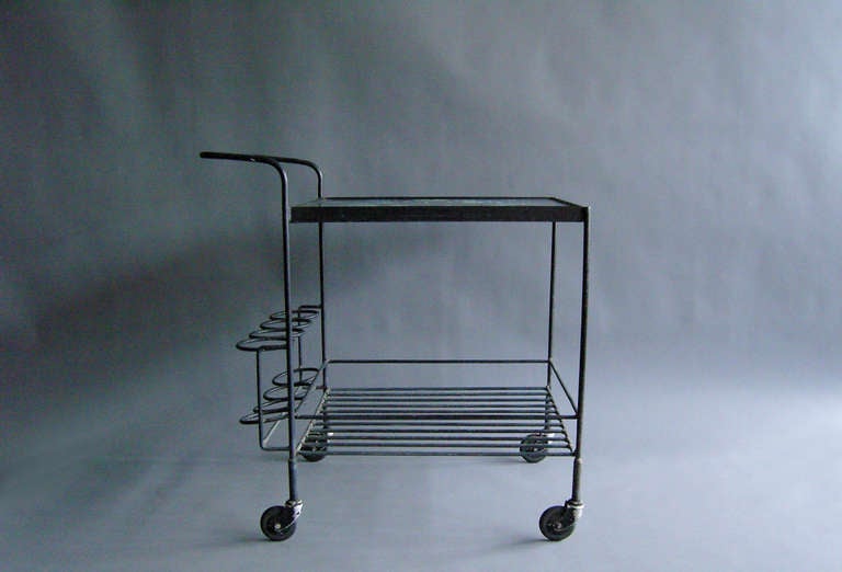 A French 1950s Wrought Iron and Enameled Stone Rolling Cart For Sale 4