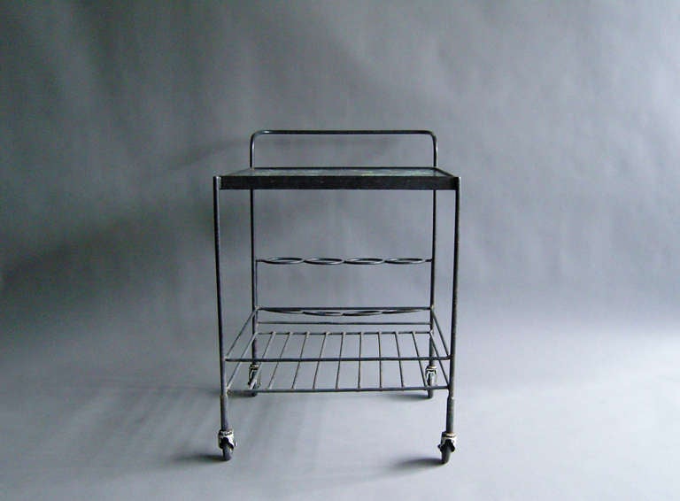 A French 1950s Wrought Iron and Enameled Stone Rolling Cart For Sale 5