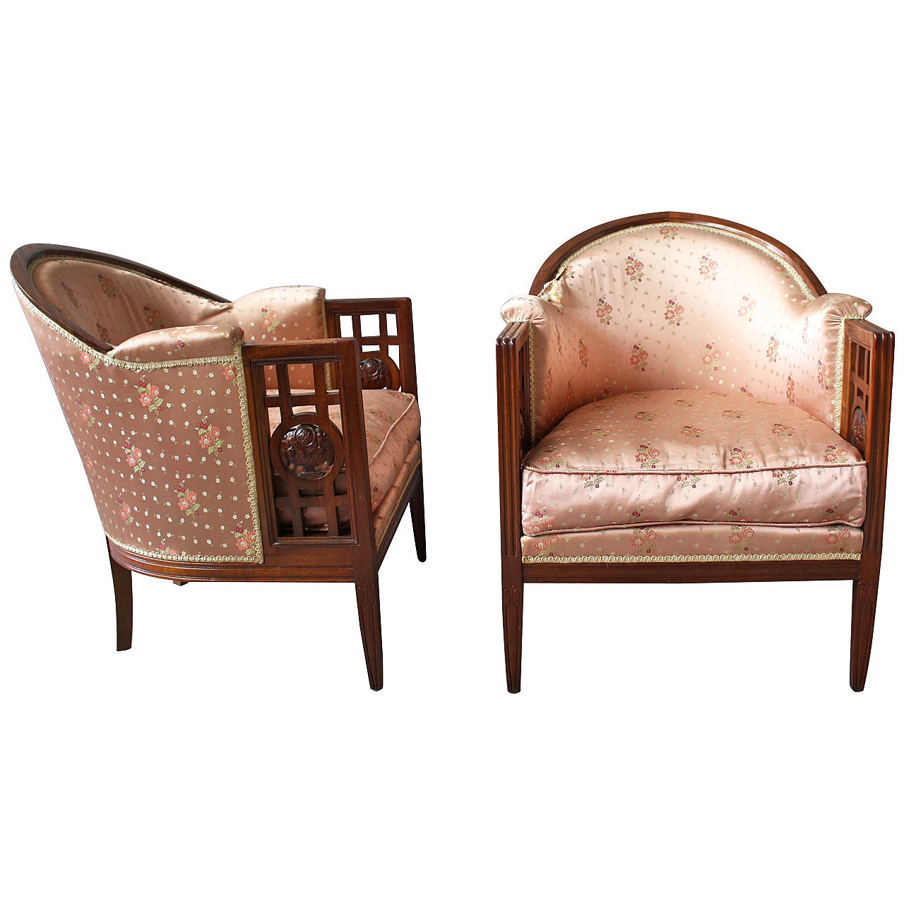 Pair of Fine French Art Deco Mahogany Armchairs by Paul Follot