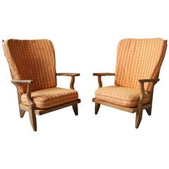 Pair of French 1950s Oak Armchairs by Guillerme et Chambron