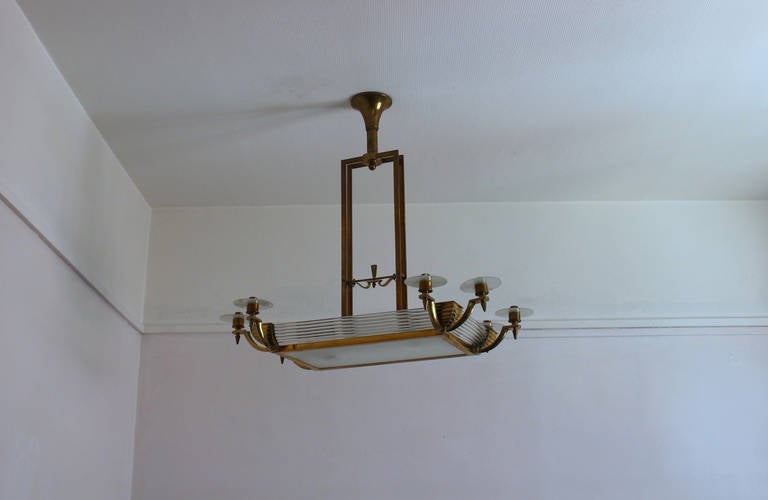 French Art Deco Brass and Glass Chandelier by Petitot 1