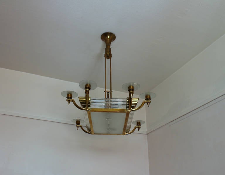 French Art Deco Brass and Glass Chandelier by Petitot In Good Condition In Long Island City, NY
