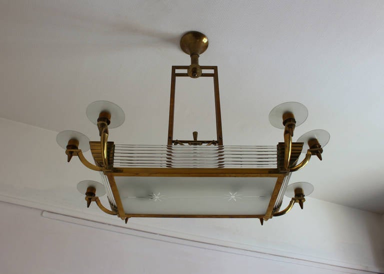 Mid-20th Century French Art Deco Brass and Glass Chandelier by Petitot