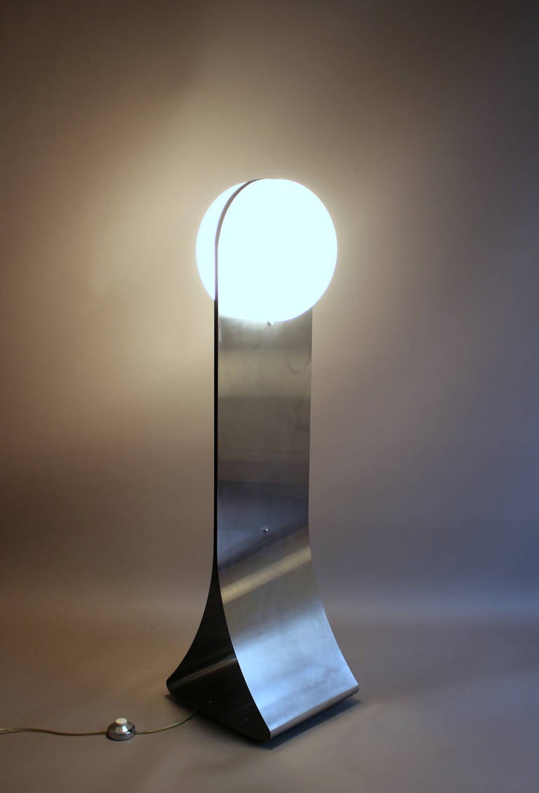 French 1970s Stainless Steel and White Glass Floor Lamp 4