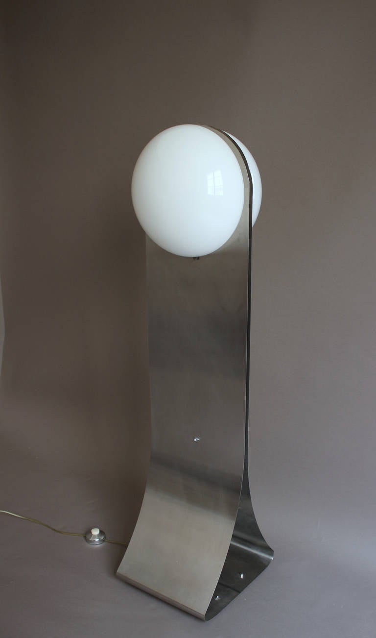 Mid-Century Modern French 1970s Stainless Steel and White Glass Floor Lamp