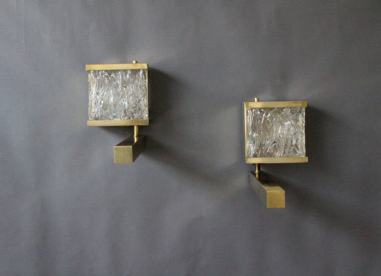 European 4 Fine French 1960s Brass and Textured Glass Sconces For Sale
