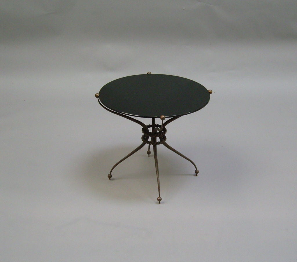 French Art Deco wrought iron gueridon / side table with a black opaline glass top