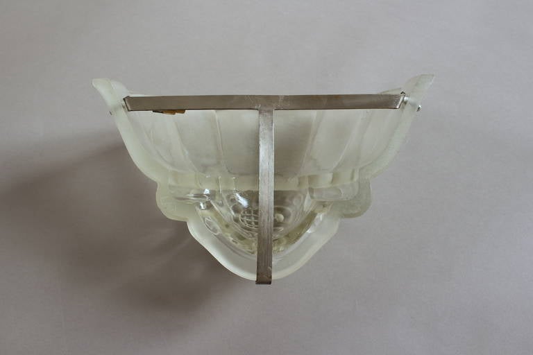 A Fine Pair of French Art Deco Frosted Glass Sconces by Genet Michon For Sale 5