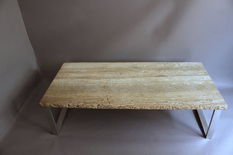 A Large Fine French 1970s Metal Frame Coffee Table with a Travertine Top  For Sale 4