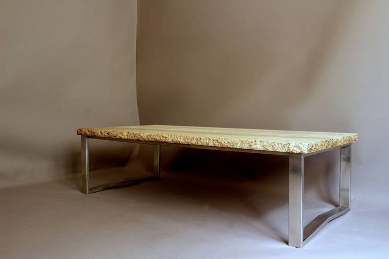 A Large Fine French 1970s Metal Frame Coffee Table with a Travertine Top  For Sale 1