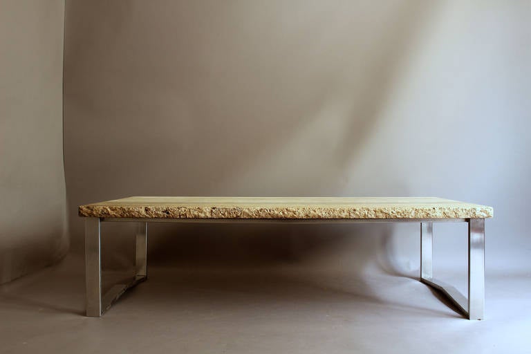Stainless Steel A Large Fine French 1970s Metal Frame Coffee Table with a Travertine Top  For Sale