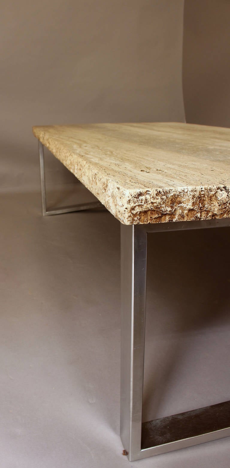A Large Fine French 1970s Metal Frame Coffee Table with a Travertine Top  For Sale 3