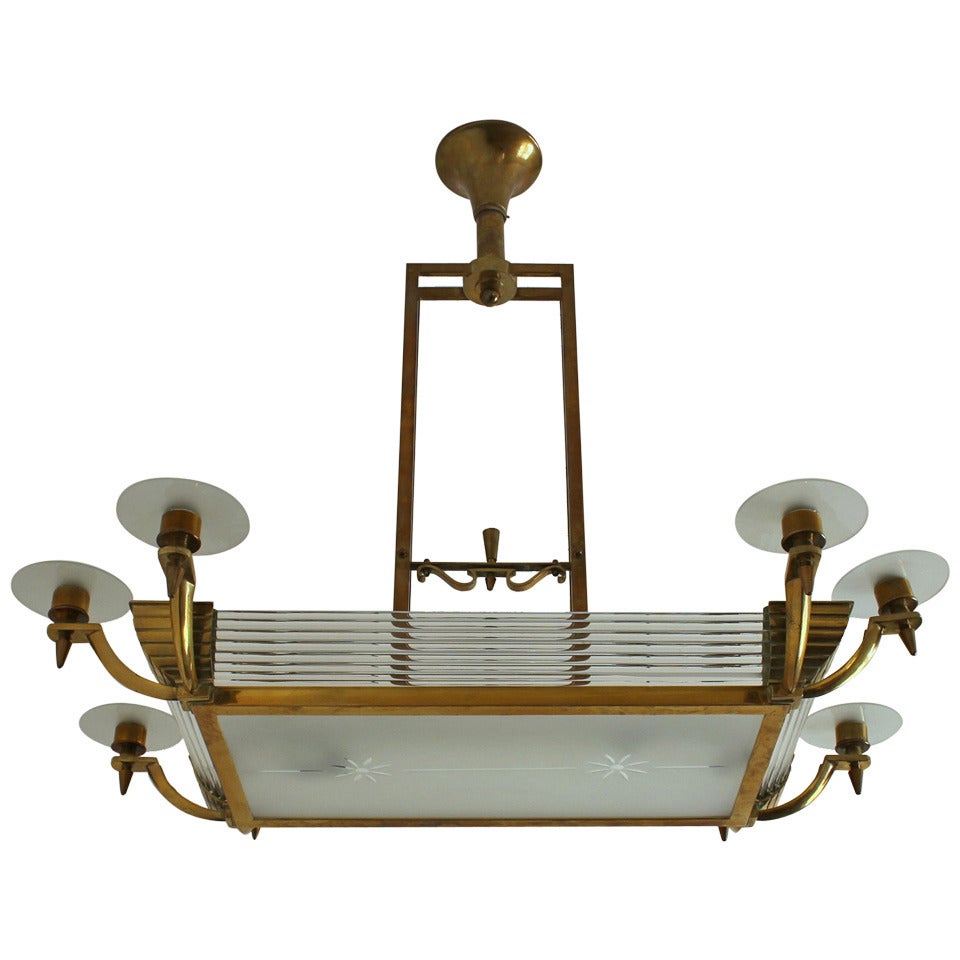 French Art Deco Brass and Glass Chandelier by Petitot