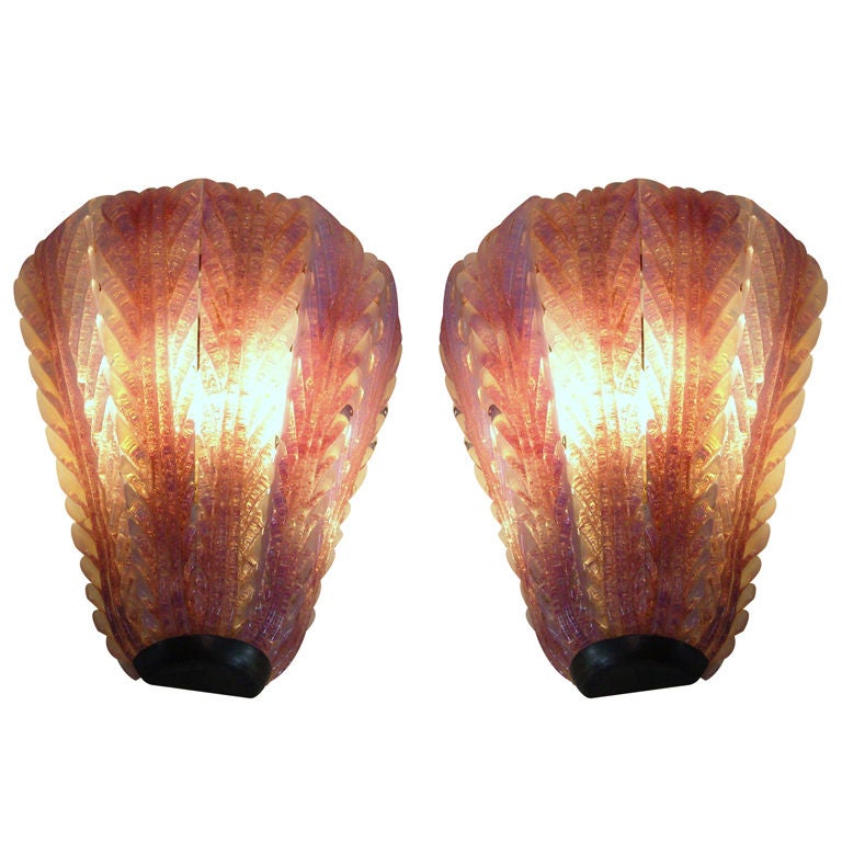 A Pair of Italian Hand Blown Glass and Brass Murano Sconces