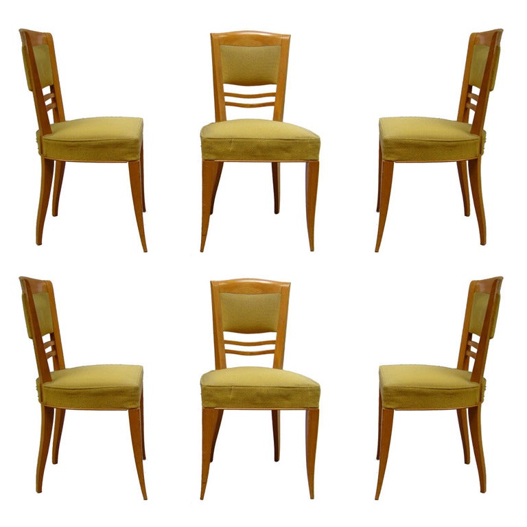 Set of Six Fine French Art Deco Sycamore Dining Chairs by Batistin Spade