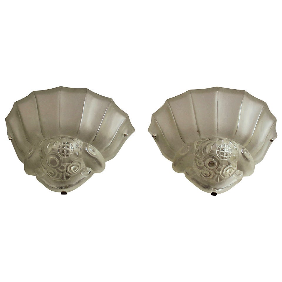 A Fine Pair of French Art Deco Frosted Glass Sconces by Genet Michon For Sale