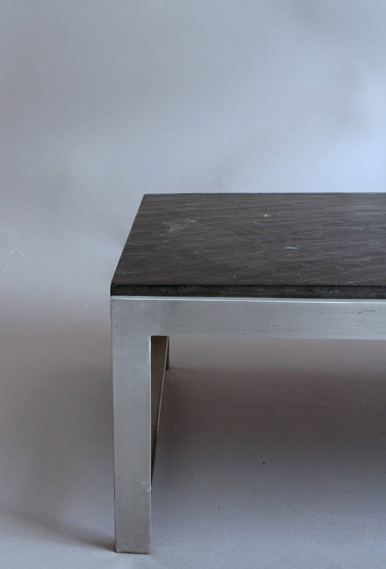 Stainless Steel A Large Fine French 1970s Metal and Slate Coffee Table For Sale