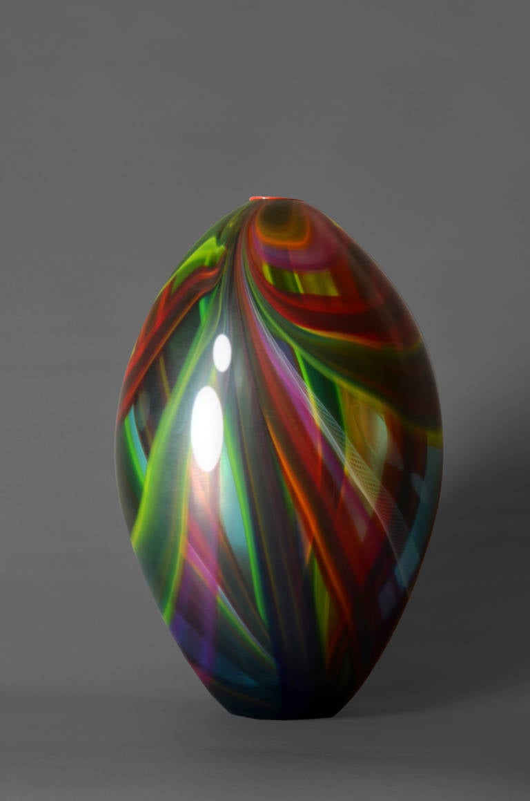 Unique Murano vase of blow glass worked freely by hand with intersection of colored glass rods by Andrea Zilio. 
Signed.