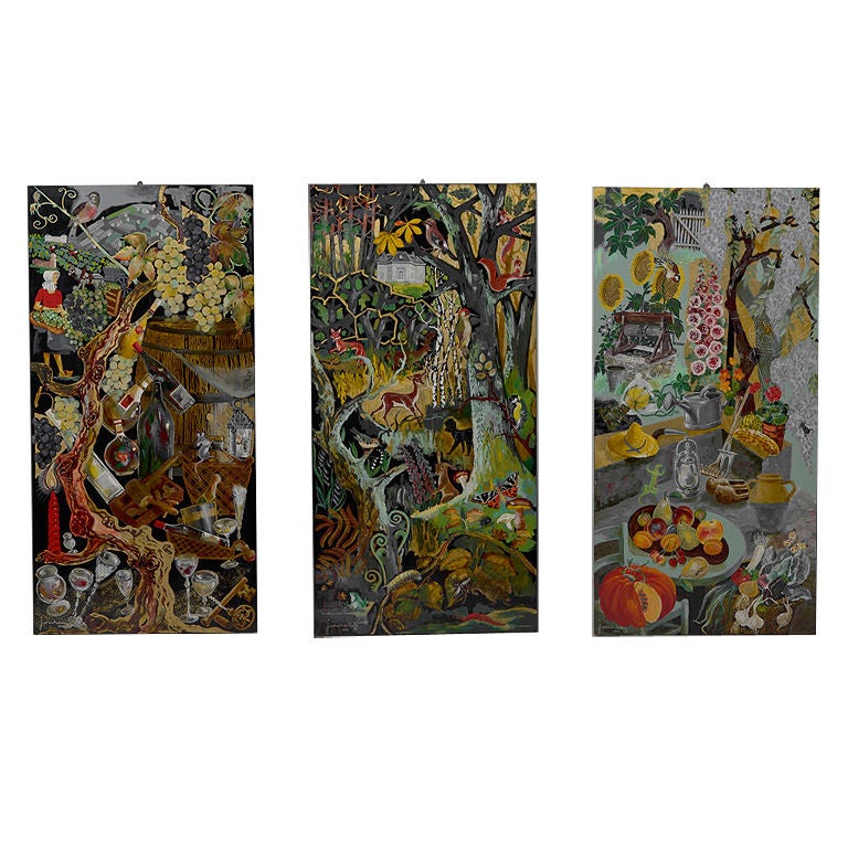 3 Original Mixed Media Paintings on Panels by Jourcin For Sale