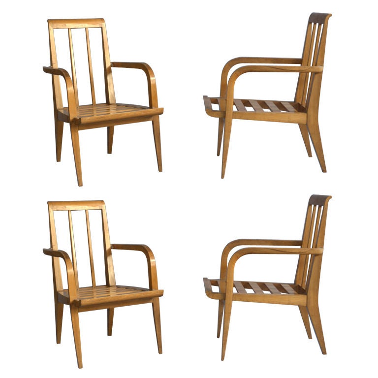 4 beaux fauteuils en cerisier des années 1950 par Roger Landault en vente