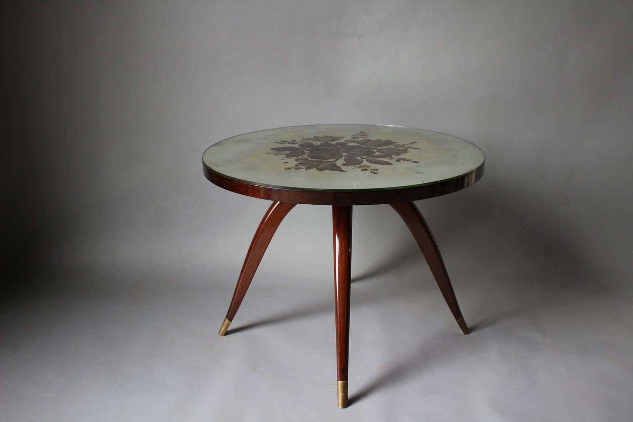 Mid-20th Century Fine French Art Deco Mahogany Gueridon with an ÉGlomisé Glass Top For Sale