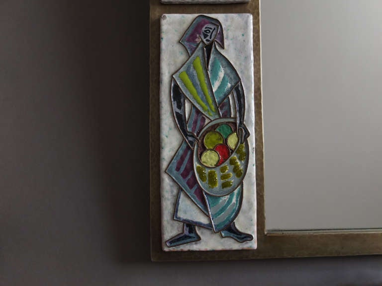 A Fine French 1960s Metal and Ceramic Framed Mirror by Scaillon For Sale 4
