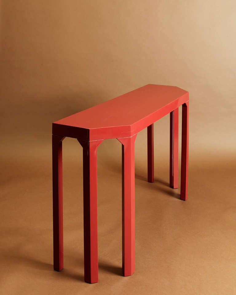 A 1970s console table design by Alessandro Albrizzi (1934-1994) in glossy lacquer with pentagonal form and six legs.
Available in a selection of couture colors.
Can be customised to suit your space requirements
Color shown: Chinese red
Made