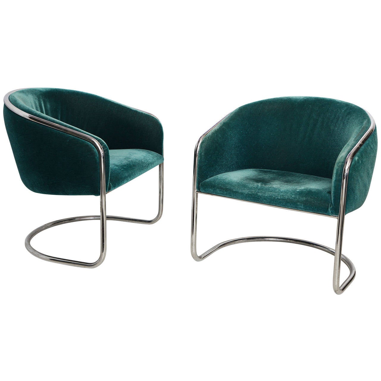 Pair of 1970s Tubular Steel and Velvet Upholstered Club Chairs