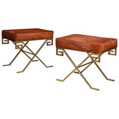 Pair of Steel X-Base Stools with Upholstered Pony Skin Seats