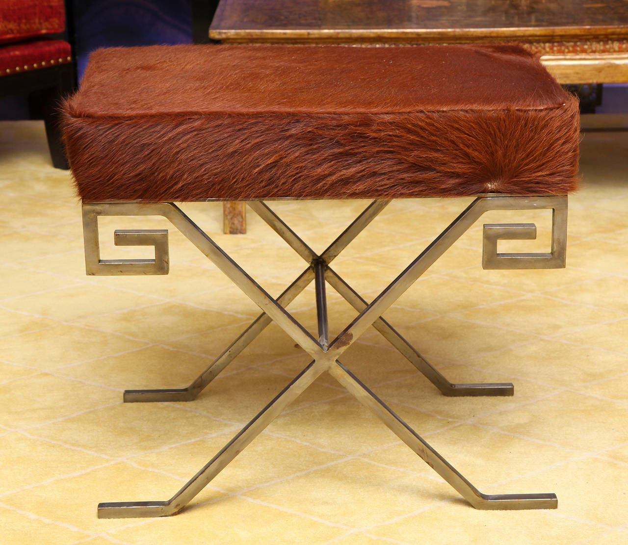 French Pair of Steel X-Base Stools with Upholstered Pony Skin Seats