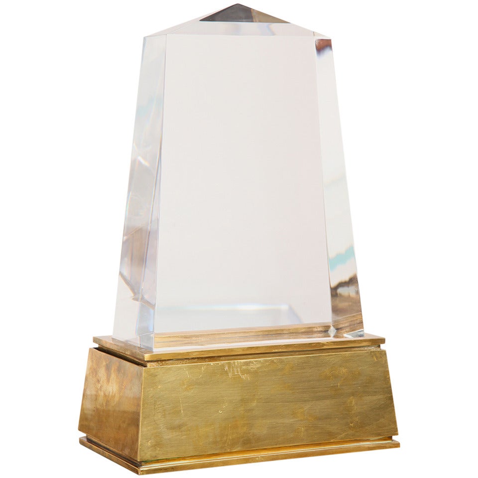 Chapman Illuminated Lucite and Brass Obelisk Lamp