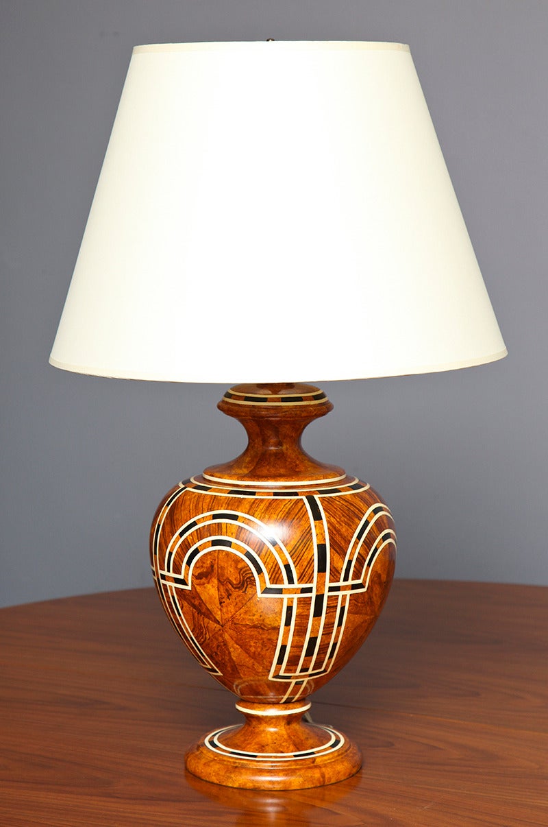 Jean Roger Faux Bois Marquetry Ceramic Table Lamp