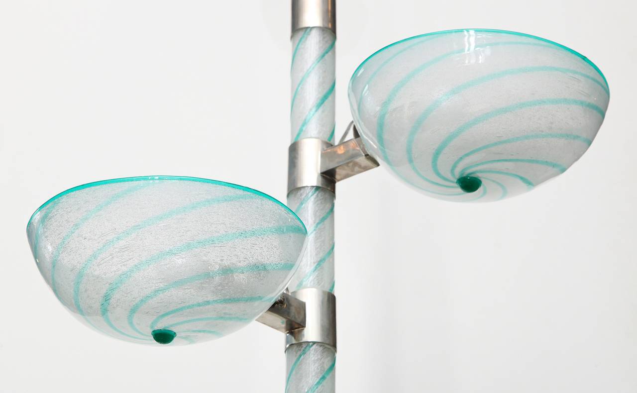 Rare and early ceiling light, attributed to Seguso. Beautiful Pulegoso glass in clear, white and aqua-marine swirl, with applied aqua-marine elements. This is a very unusual technique and construction. Three bowl forms, each containing one Edison