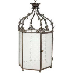 Antique 19th Century Wrought Iron Lantern With Etched Glazed Panels.