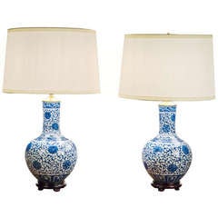 Pair of 20th Century Chinese Blue and White Porcelain Globular Lamps