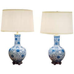 Vintage Pair of 20th Century Chinese Blue and White Porcelain Globular Lamps
