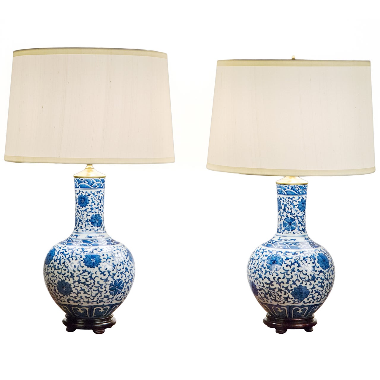Pair of 20th Century Chinese Blue and White Porcelain Globular Lamps