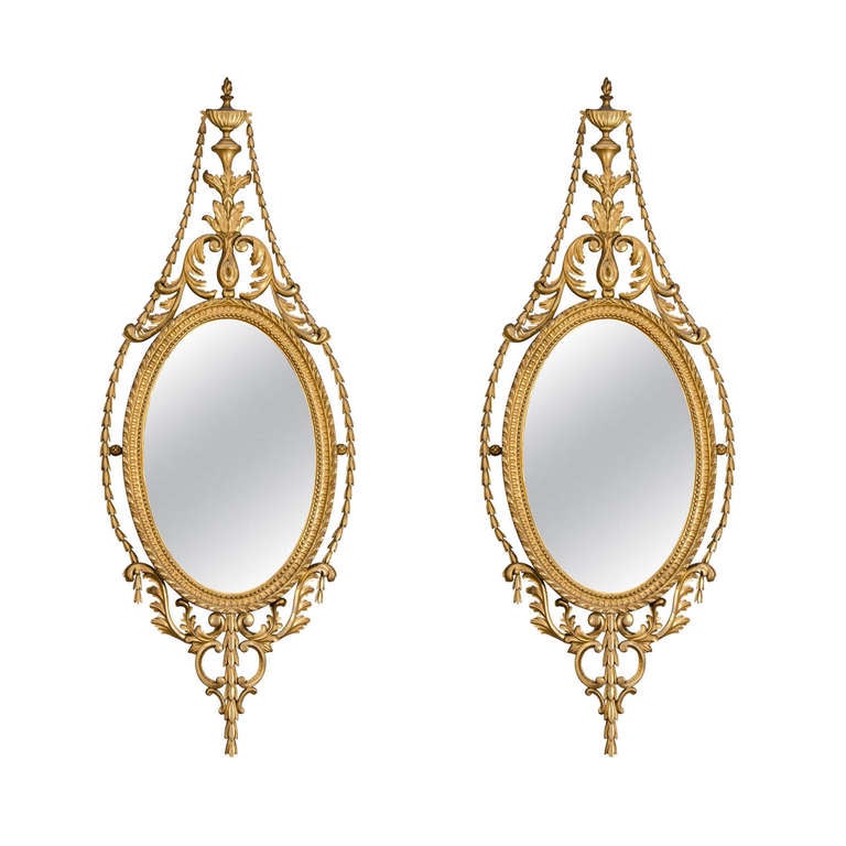 Pair of Late 19th Century English Adam Style Gilt Oval Mirrors