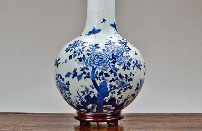 Chinese Pair of Large Blue and White Globe Lamps