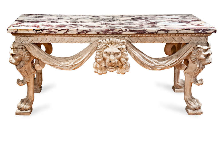 Pair of Magnificent Early 20th Century Carved and Painted Console Tables With Breccia Marble Tops. (2819)